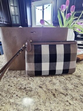 Burberry Brown Black White Check Canvas Wristlet Clutch